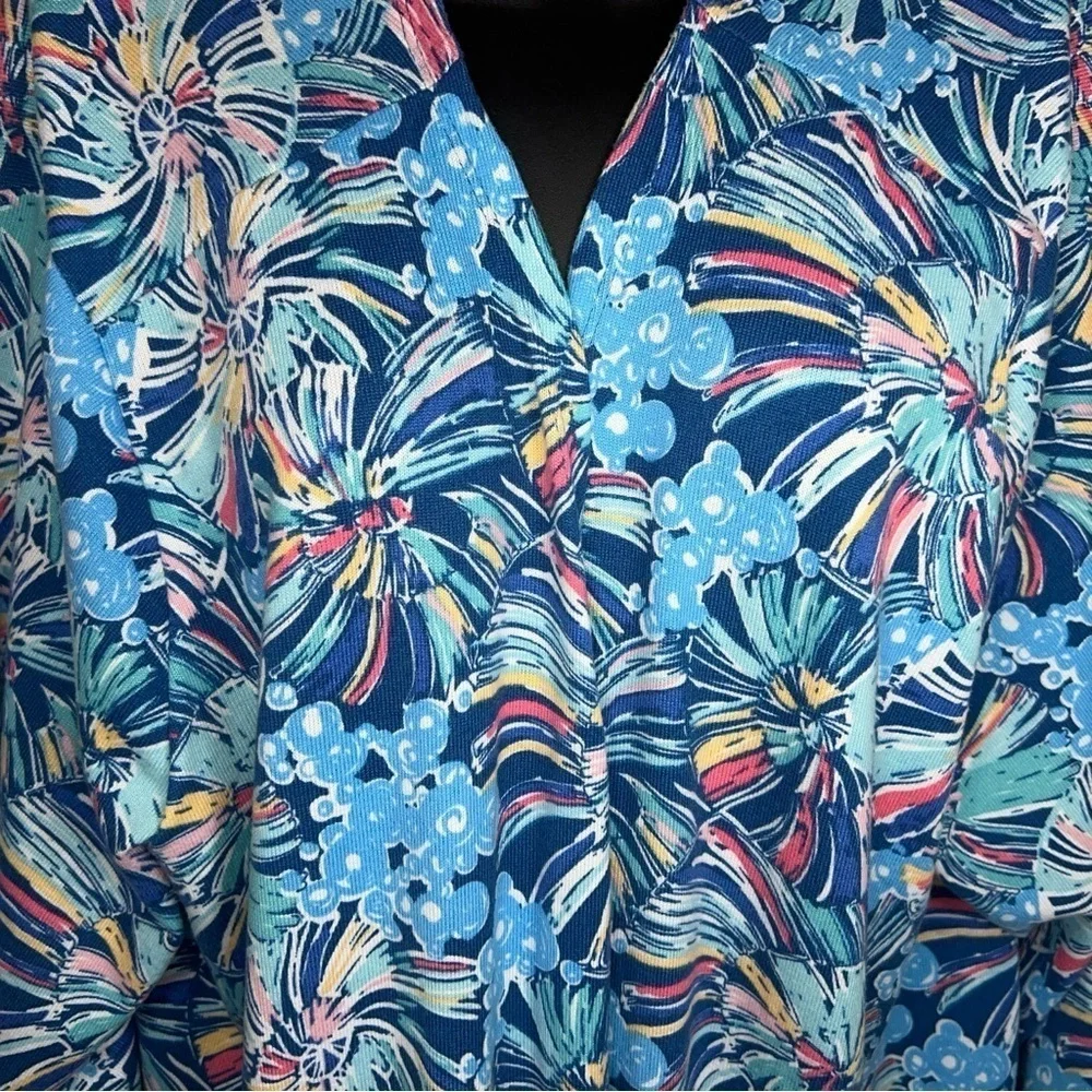 3XL XXXL BLUE ABSTRACT FLORAL SHRUG TOP BLOUSE OPEN FRONT COLORFUL LONG SLEEVE